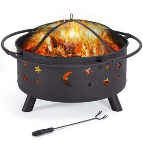 Iron Fire Pit Set Heating Equipment Camping Fire Bowl with Poker Mesh Cover for BBQ Backyard Patio Outdoor Fireplace Black