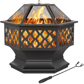 Heavy Duty Metal Fire Pit Hexagon Stove with Poker for Outdoor, Black